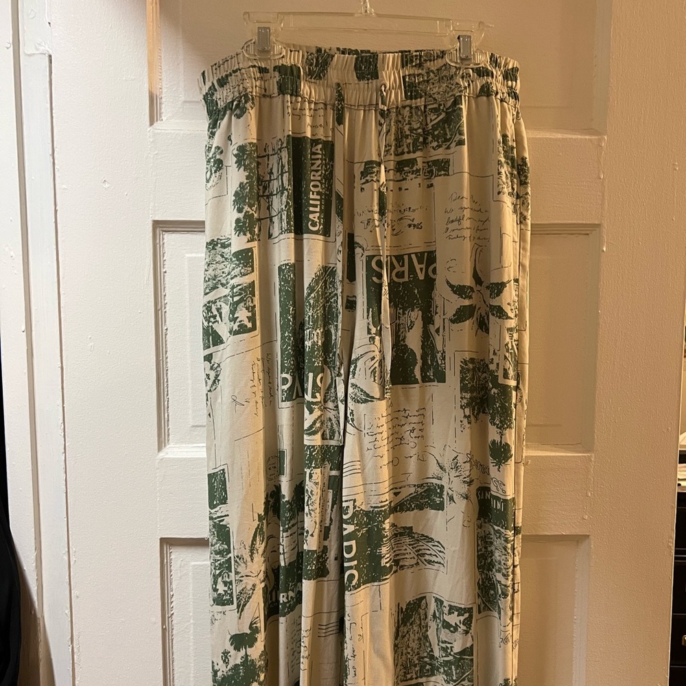flowy green and white graphic pants